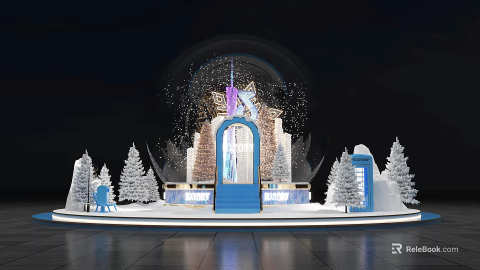 Christmas Photo Check In Spot with Giant Snow Globe Blue Steps and Decorated Christmas Trees 3d model 