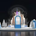 Christmas Photo Check In Spot with Giant Snow Globe Blue Steps and Decorated Christmas Trees