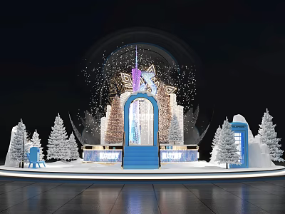 Christmas Photo Check In Spot with Giant Snow Globe Blue Steps and Decorated Christmas Trees 3d model