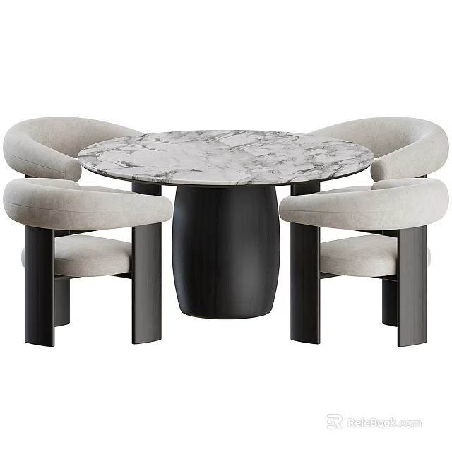 Modern Round Dining Table Set With Marble Tabletop Black Base And Beige Chairs 3d model 