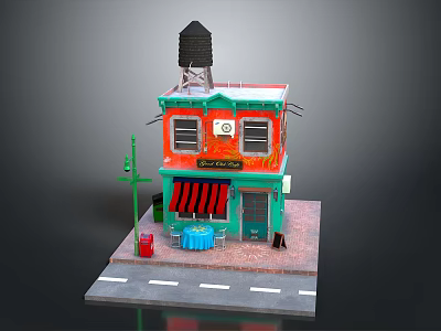 Colorful Cartoon Building Scene With Red Awning Green Roof Street Lamp And Table Chairs 3d model