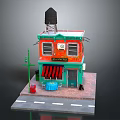 Colorful Cartoon Building Scene With Red Awning Green Roof Street Lamp And Table Chairs