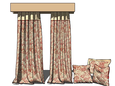 Beige And Red Floral Pattern Curtains With Valance And Decorative Pillows For Interior 3d model