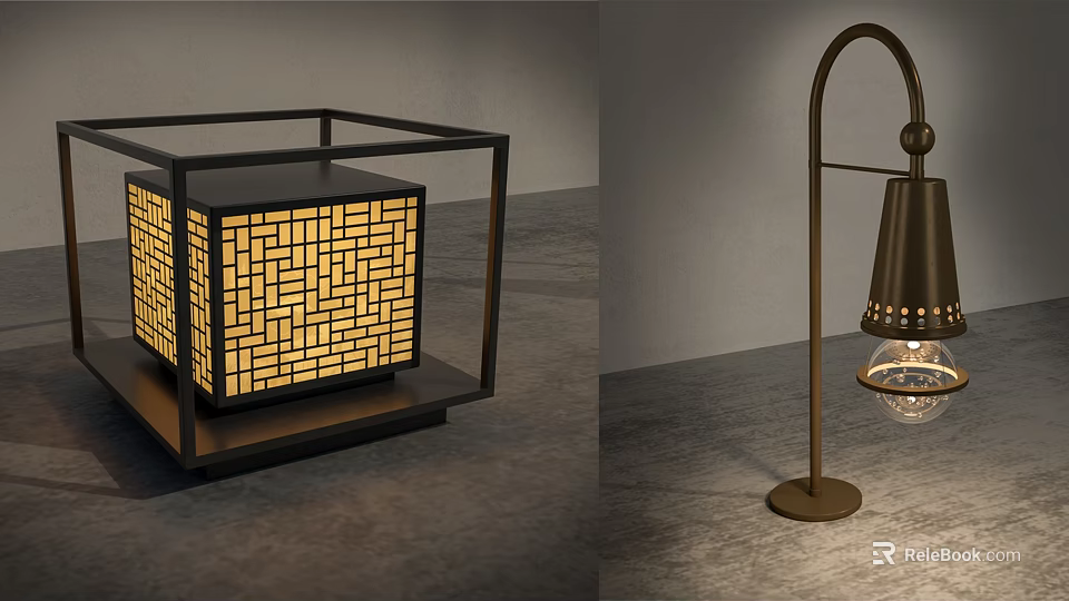 Modern Outdoor Lights Design With Square Grid Pattern And Arched Brass Stand 3d model 