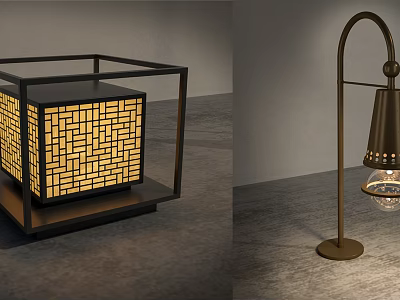 Modern Outdoor Lights Design With Square Grid Pattern And Arched Brass Stand 3d model