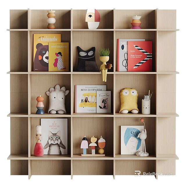 Colorful Books And Magazines On Wooden Bookshelf With Decorative Toys Figurines 3d model 