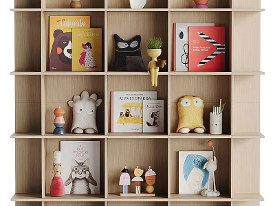 Colorful Books And Magazines On Wooden Bookshelf With Decorative Toys Figurines 3d model