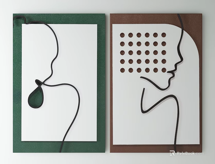 Green And Brown Framed Abstract Line Art With Human Silhouette And Dots 3d model 