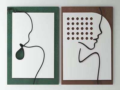Green And Brown Framed Abstract Line Art With Human Silhouette And Dots 3d model