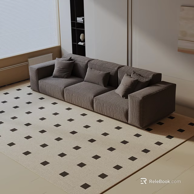 Gray Fabric Three-Seater Sofa with Pillows on Black and White Square Rug 3d model 