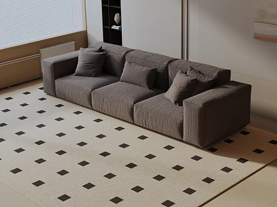 Gray Fabric Three-Seater Sofa with Pillows on Black and White Square Rug 3d model