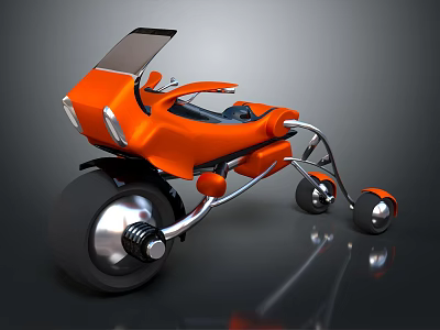 Futuristic Orange Three Wheeled Motorcycle With Black Windshield Silver Frame And Wheels 3d model