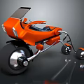 Futuristic Orange Three Wheeled Motorcycle With Black Windshield Silver Frame And Wheels