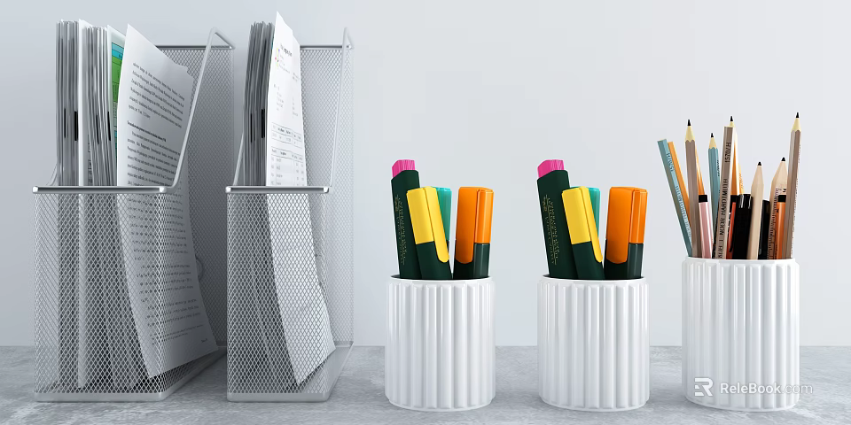 Office Desk Stationery With Metal File Holder Papers Colored Pen Holders And Pencils 3d model 