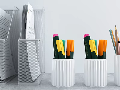 Office Desk Stationery With Metal File Holder Papers Colored Pen Holders And Pencils 3d model