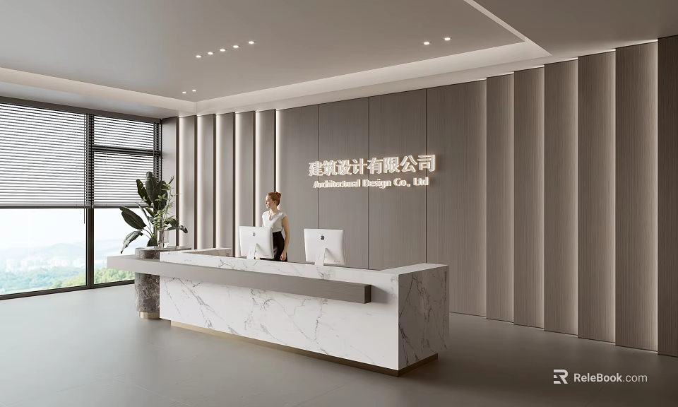 Modern Office Reception Desk With Marble Counter Staff Member And Potted Plant Near Large Windows 3d model 