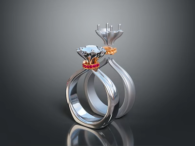Stylish Silver Rings With Red Orange Gemstones Exquisite Design And Reflective Surface 3d model