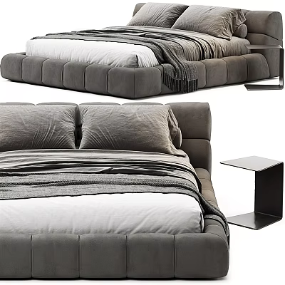 Modern Double Bed with Grey Upholstered Frame White Sheets Soft Pillows and Side Nightstand 3d model