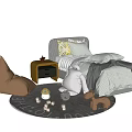 Children's Bed With Light Gray Headboard White Gray Bedding Yellow Nightstand Round Rug And Toys