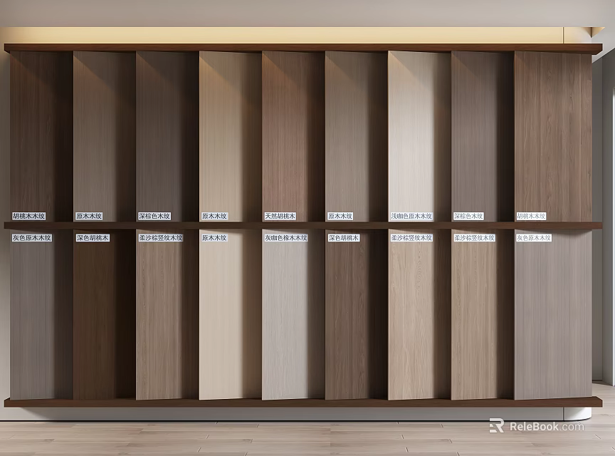 Background Wall Wooden Panel Samples With Various Colors And Textures Displayed On Shelves 3d model 