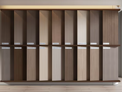 Background Wall Wooden Panel Samples With Various Colors And Textures Displayed On Shelves 3d model