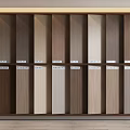 Background Wall Wooden Panel Samples With Various Colors And Textures Displayed On Shelves