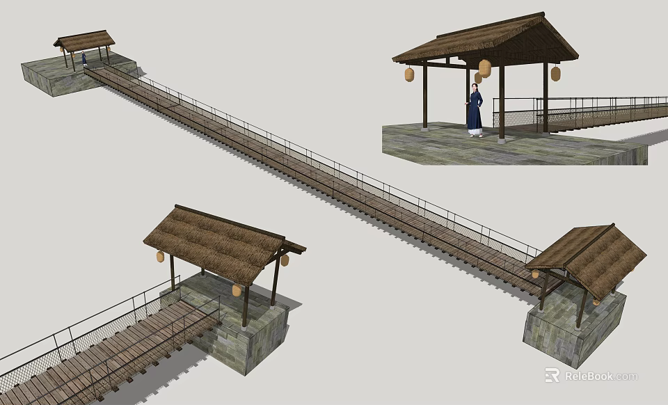 Scenic Traditional Wooden Bridge With Thatched Roof Pavilions And Rustic Design 3d model 