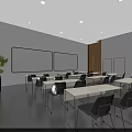 School Classroom Interior With White Tables Gray Chairs Bookshelves And Large Screen