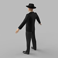 Man in Black Suit and Hat Standing with Arms Outstretched in Studio