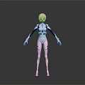 Anime Character With Blue Hair White Bodysuit And Black Green Accents Standing Gray Background
