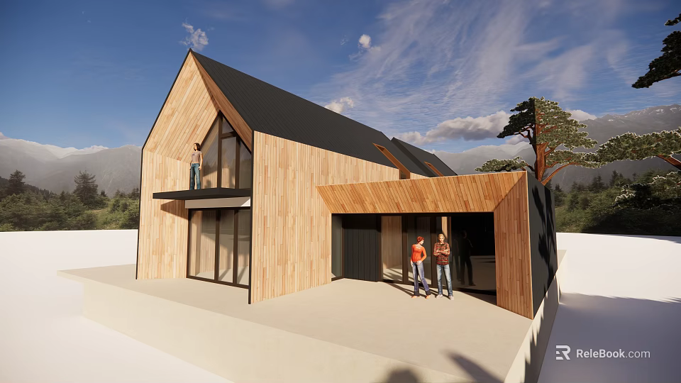 Modern Detached House With Wooden Exterior Black Roof Large Windows And Scenic Tree 3d model 