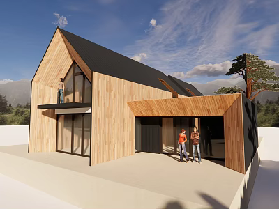 Modern Detached House With Wooden Exterior Black Roof Large Windows And Scenic Tree 3d model