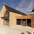 Modern Detached House With Wooden Exterior Black Roof Large Windows And Scenic Tree