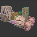 Stacked Wooden Crates Canvas Covered Goods And Burlap Sacks