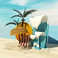 Scenic Beach Photo Spot With Palm Trees Straw Umbrella And Striped Lounge Chair