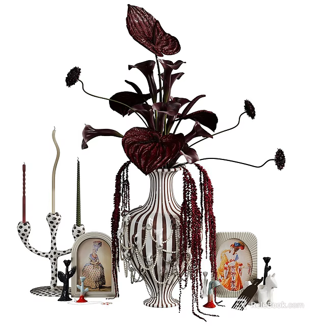 Stylish Ornamental Decor Set With Vase Candles Photo Frames And Tassel Accents 3d model 