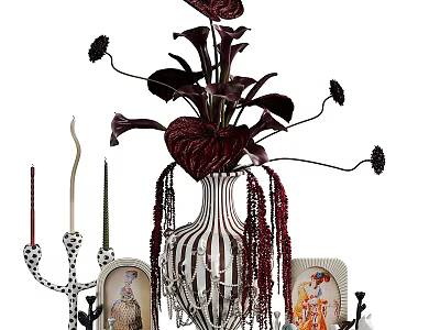 Stylish Ornamental Decor Set With Vase Candles Photo Frames And Tassel Accents 3d model
