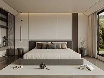 Minimalist Modern Bedroom Interior With Large Bed Pillows Nightstands And Green Plant View 3d model