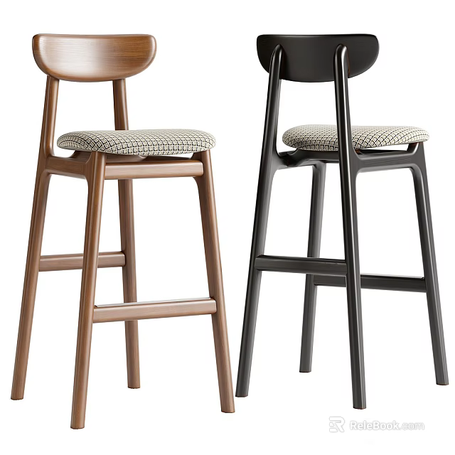 Two Modern Wooden and Black Bar Stools with Upholstered Patterned Seats 3d model