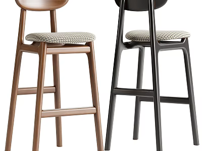 Two Modern Wooden and Black Bar Stools with Upholstered Patterned Seats 3d model