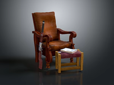 Brown Leather Lounge Chair With Wooden Armrests And Footstool Topped With Book 3d model