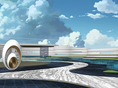 Contemporary Sales Office Building with Circular Sculpture Pool Marble Floor and Blue Sky 3d model