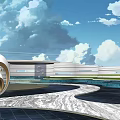 Contemporary Sales Office Building with Circular Sculpture Pool Marble Floor and Blue Sky