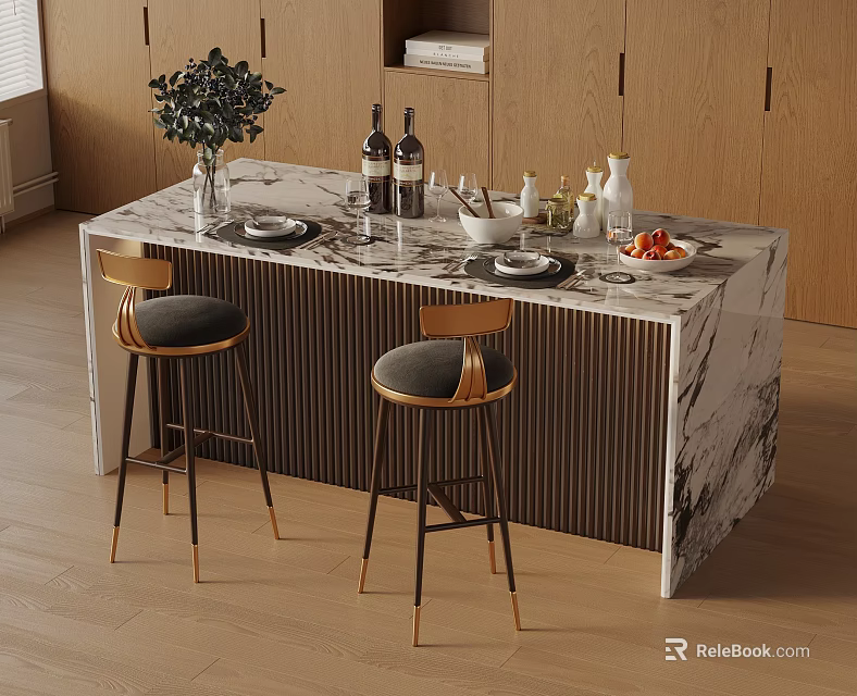 Modern Bar Counter With Marble Countertop And Wooden Stools Featuring Vase Wine Bottles Fruit Platter 3d model 