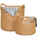 Woven Storage Baskets with Handles Set of Two Holding Folded Towels