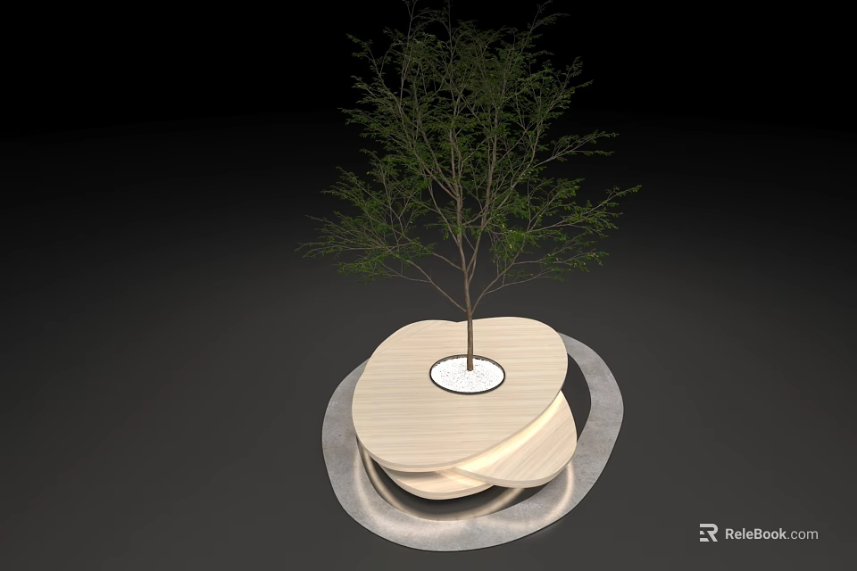 Art Installation Featuring Small Tree On Circular Wooden Layered Base 3d model 
