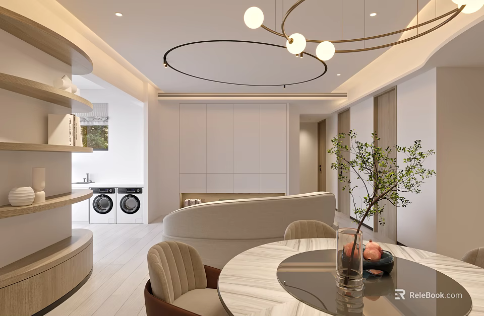 Modern Living and Dining Room with Round Marble Table Chairs Pendant Light and Green Plant 3d model 