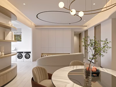 Modern Living and Dining Room with Round Marble Table Chairs Pendant Light and Green Plant 3d model