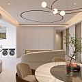 Modern Living and Dining Room with Round Marble Table Chairs Pendant Light and Green Plant