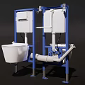 Wall Hung White Ceramic Toilet With Blue Metal Frame And Connected Pipes